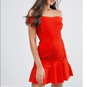Women's Red Bandage Bardot Dress With Pep Hem